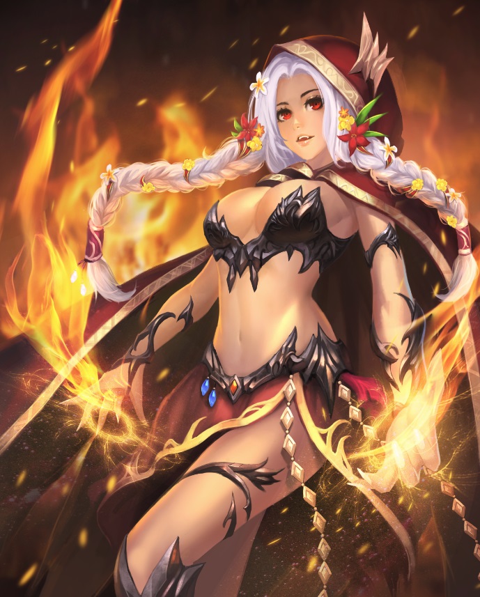 1girl, armor, bikini_armor, braid, breasts, cloak, cowboy_shot, embers