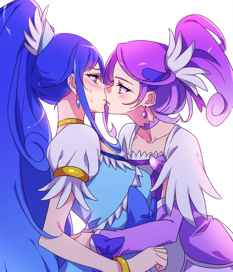 2girls, blue_eyes, blue_hair, blush, choker, cure_diamond, cure_sword, dokidoki!_precure