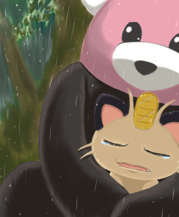 bewear, hug, hug_from_behind, koyukiyasu, meowth, no_humans, pokemon, pokemon_(game), pokemon_sm, pokemon_sm_(anime), rain, tears
