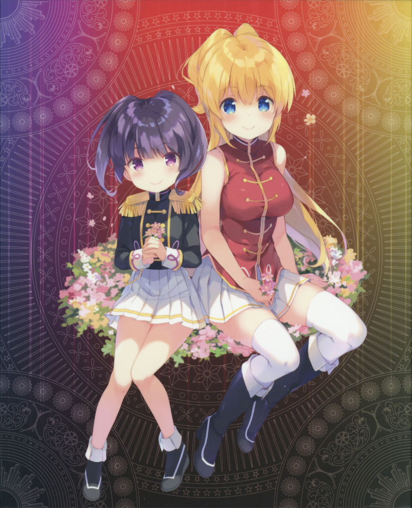 2girls, absurdres, age_difference, bangs, black_skirt, blue_dress, blue_eyes, dress