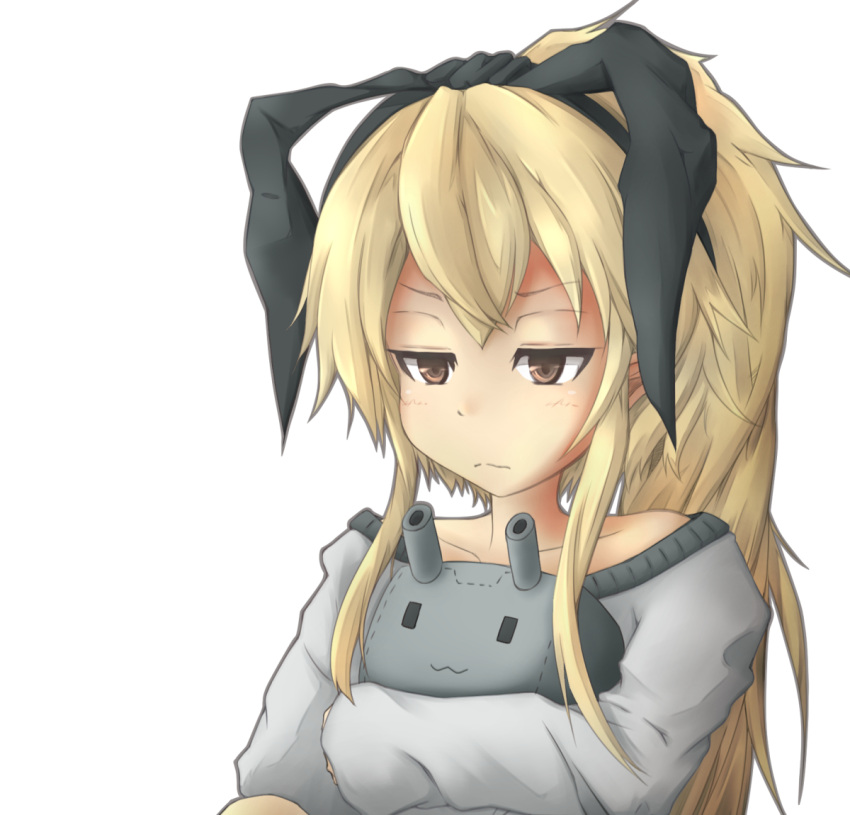 1girl, :3, alternate_hairstyle, black_ribbon, blonde_hair, blush, brown_eyes, closed_mouth
