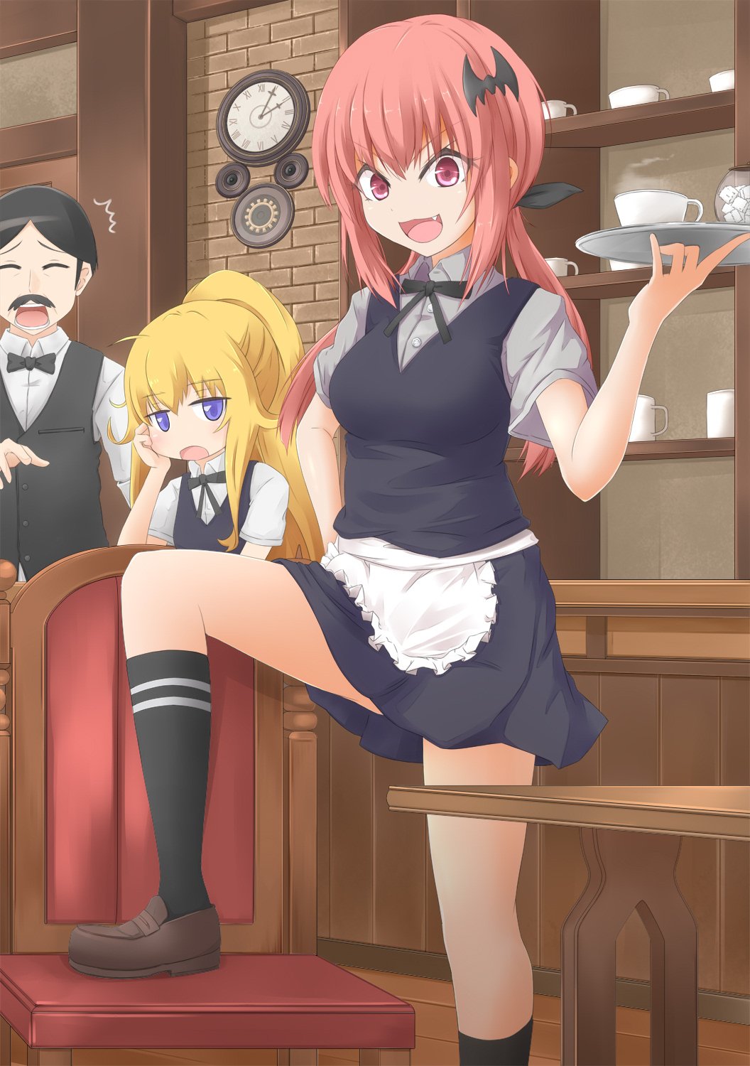 >:3, >:d, /\/\/\, :3, :d, alternate_hairstyle, apron, bat_hair_ornament, black_bow, black_bowtie, black_hair, black_legwear, black_ribbon, black_skirt, black_vest, blonde_hair, blush, bottle, bow, bowtie, brick_wall, brown_shoes, cafe, chair, chin_rest, clock, closed_eyes, collared_shirt, cup, dress_shirt, employee_uniform, eyebrows_visible_through_hair, facial_hair, fang, frilled_apron, frills, gabriel_dropout, grey_shirt, hair_ornament, hair_ribbon, hand_on_hip, head_tilt, high_ponytail, highres, indoors, jitome, kneehighs, kurumizawa_satanichia_mcdowell, loafers, low_twintails, master_(gabriel_dropout), mustache, open_mouth, orange_hair, pink_eyes, ribbon, roman_numerals, shelf, shirt, shoes, short_hair, short_sleeves, skirt, smile, standing, standing_on_one_leg, steam, striped, striped_legwear, sugar_cube, table, teacup, tenma_gabriel_white, tray, twintails, uniform, vest, violet_eyes, waist_apron, waiter, waitress, white_shirt, wing_collar, wooden_floor, yamamoto_rintaro