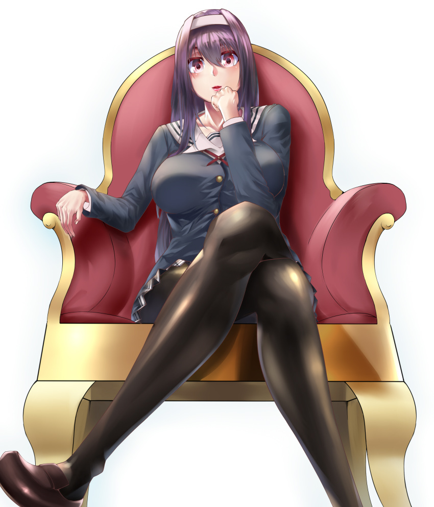1girl, absurdres, armchair, bangs, black_legwear, black_skirt, blush, breasts, brown_shoes, buttons, chair, collarbone, from_below, hair_between_eyes, hairband, hand_on_head, hand_on_own_chin, hand_up, highres, kasumigaoka_utaha, large_breasts, legs_crossed, loafers, long_hair, long_sleeves, looking_at_viewer, looking_down, nakiri_kei, neck_ribbon, open_mouth, pantyhose, pleated_skirt, purple_hair, ribbon, saenai_heroine_no_sodatekata, school_uniform, serafuku, shadow, shiny, shiny_clothes, shiny_hair, shoes, simple_background, sitting, sitting_on_object, skirt, solo, thigh-highs, violet_eyes, white_background, white_hairband