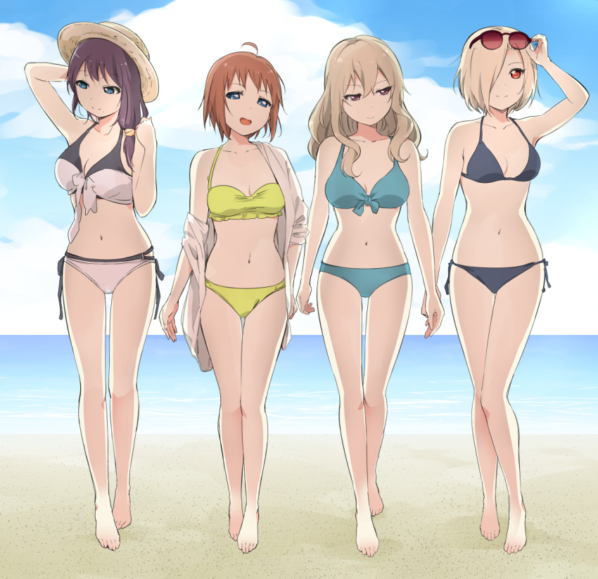 4girls, :d, ahoge, azuma_shihoko, barefoot, beach, bikini, black_hair, blonde_hair, blue_bikini, blue_eyes, breasts, brown_hair, collarbone, hair_over_one_eye, hat, kamiki_uutarou, kitamiya_hatsumi, midriff, minamino_tsubasa, multiple_girls, navel, nishigaki_nana, open_mouth, red_eyes, short_hair, side-tie_bikini, smile, sunglasses, sunglasses_on_head, swimsuit, teacher, toes, violet_eyes, yellow_bikini, yuru_yuri