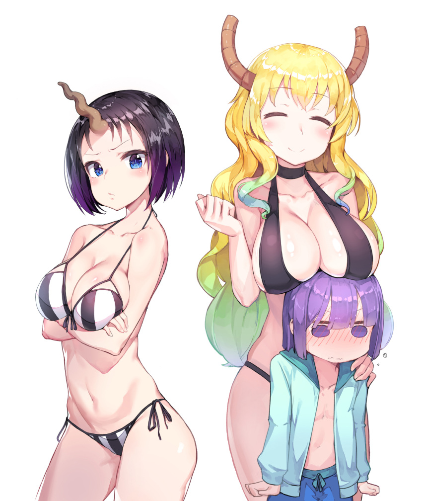 1boy, 2girls, bikini, black_hair, blonde_hair, blue_eyes, breast_rest, breasts