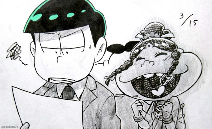 1boy, 1girl, blush, braid, clenched_hands, closed_eyes, dark_skin, dated