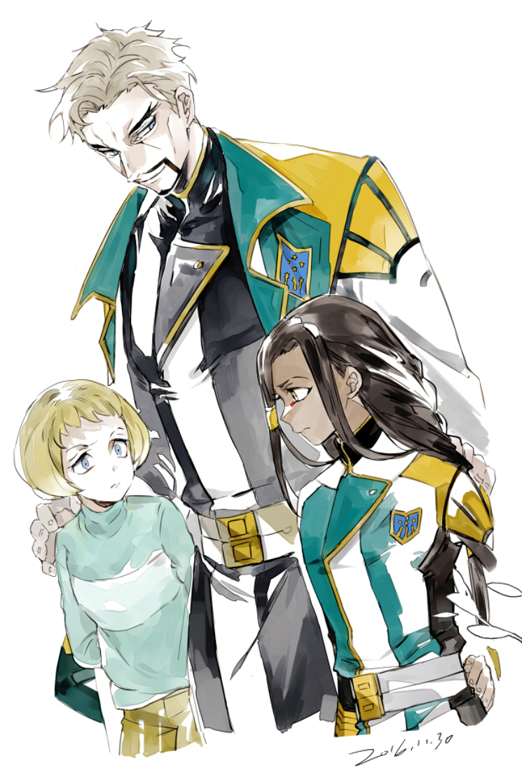 1girl, 2boys, beard, black_hair, blonde_hair, blue_eyes, braid, brown_eyes