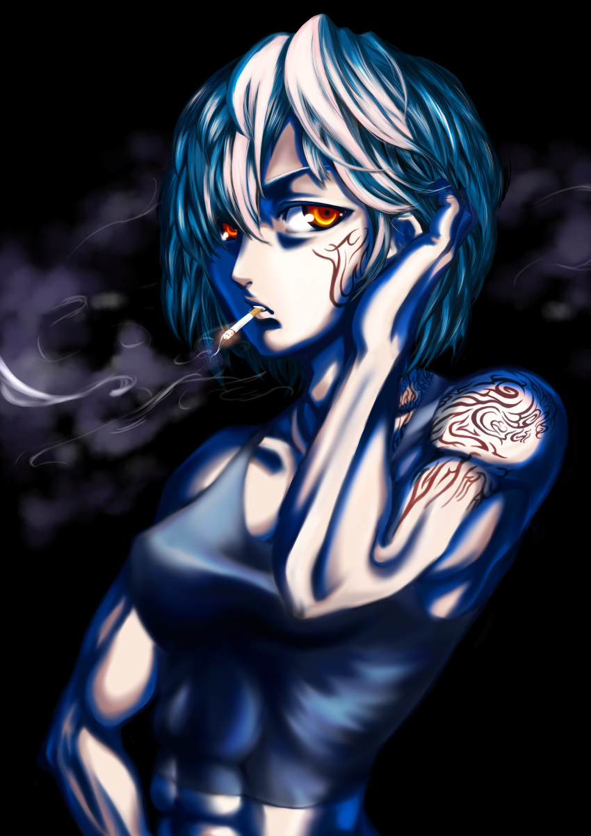 1girl, abs, absurdres, adjusting_hair, black_background, cigarette, crop_top, facial_tattoo, gilgil, highres, looking_at_viewer, oil_painting_(medium), orange_hair, original, short_hair, shoulder_tattoo, smoke, smoking, solo, tattoo, traditional_media, watercolor_(medium), white_hair