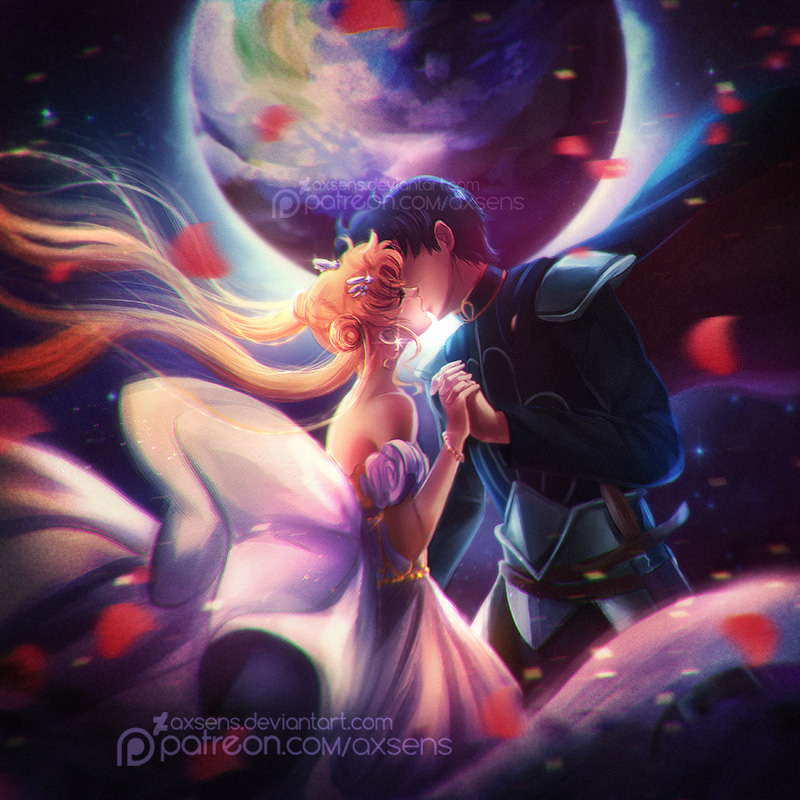 1boy, 1girl, alexandra_mae, armor, bare_shoulders, bishoujo_senshi_sailor_moon, blonde_hair, blue_hair, bow, cape, chiba_mamoru, derivative_work, double_bun, dress, endymion, formal, from_side, hand_holding, interlocked_fingers, kiss, long_hair, motion_blur, petals, planet, princess_serenity, screencap_redraw, shoulder_armor, tsukino_usagi, twintails, watermark, web_address, white_bow, white_dress