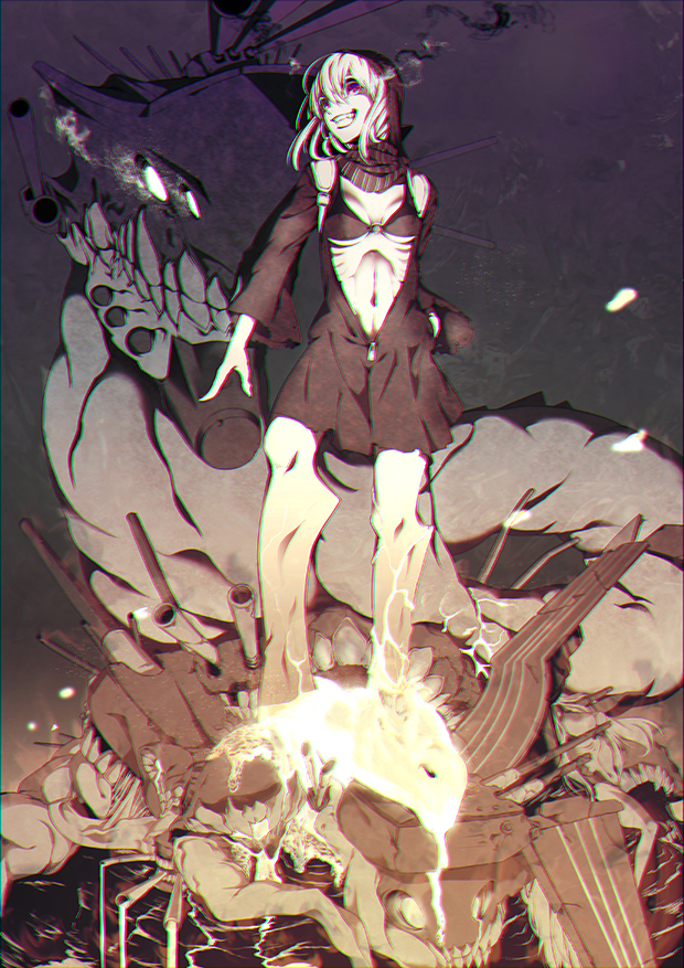 1girl, bikini_top, breasts, cannon, chromatic_aberration, clenched_teeth, dress, emaciated