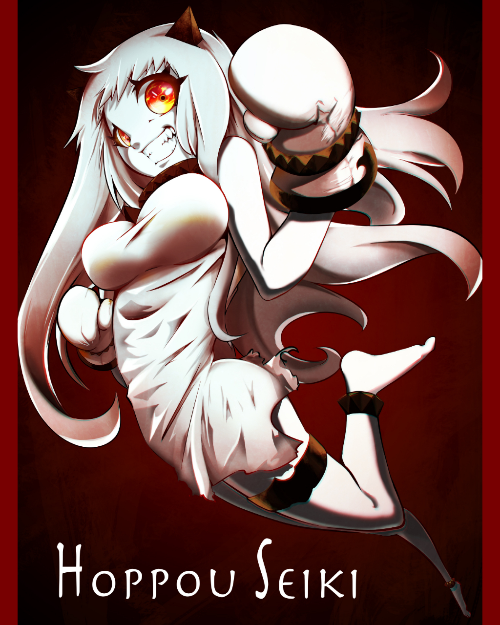 1girl, barefoot, border, breasts, character_name, collar, foot_up, foreshortening