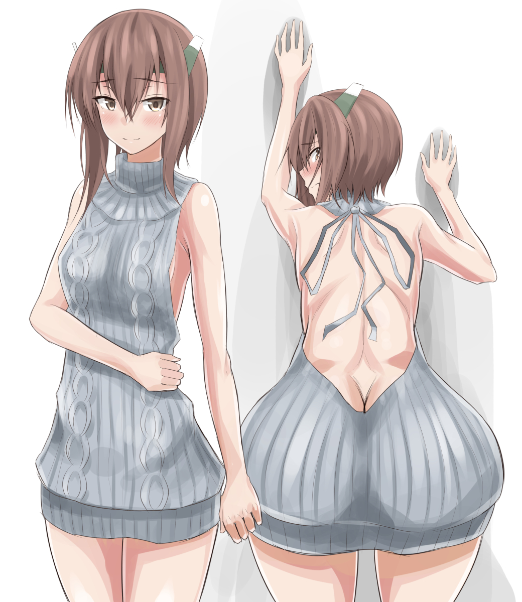 1girl, against_wall, alternate_costume, aran_sweater, ass, back, backless_outfit, bare_arms