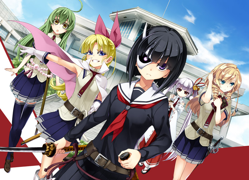 5girls, ahoge, bangs, behind_another, bell, belt, black_hair, black_skirt