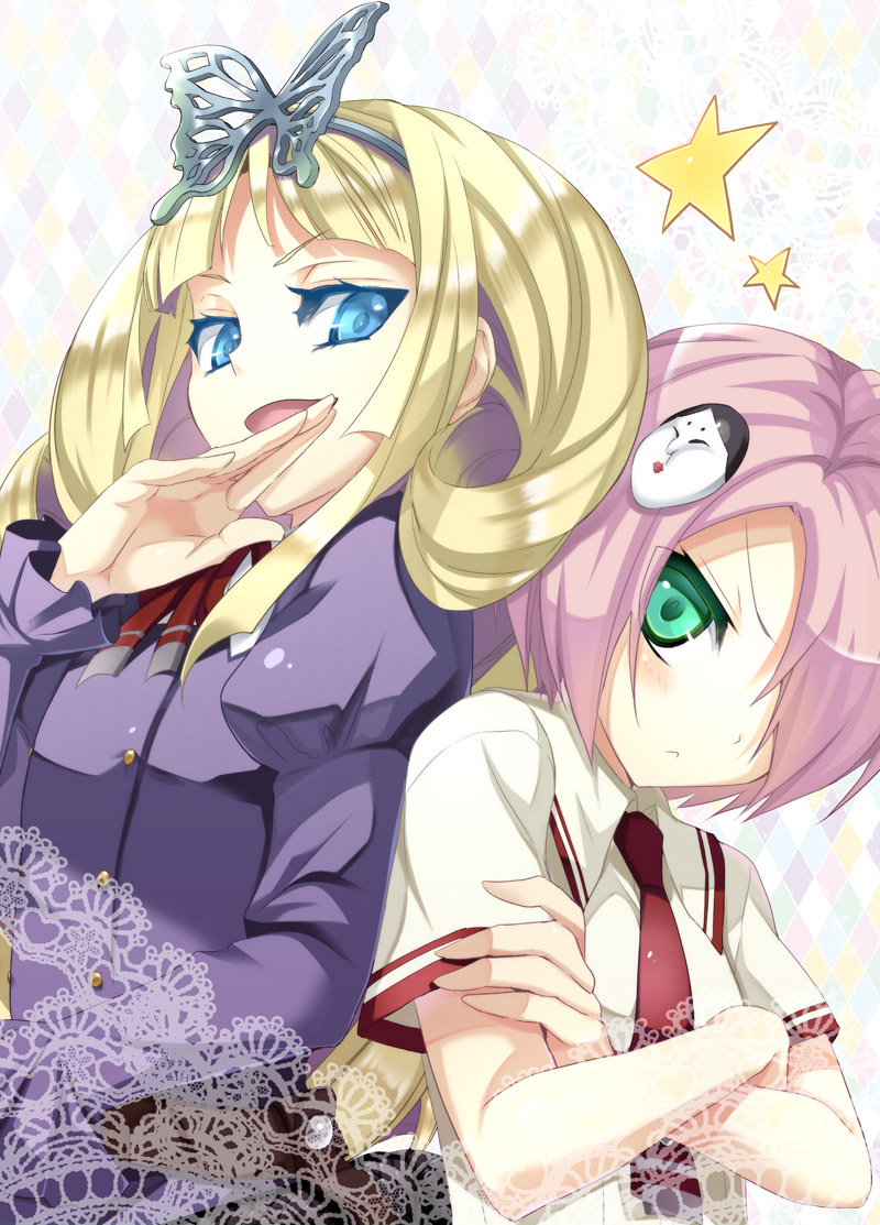 2girls, angry, aqua_eyes, bangs, blonde_hair, blue_eyes, blush, busou_shoujo_machiavellism
