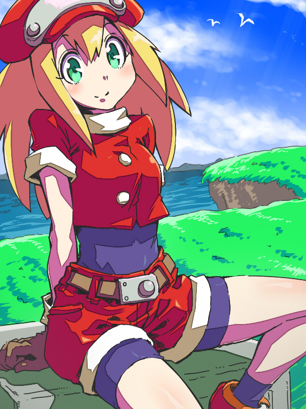 1girl, bike_shorts, blonde_hair, bodystocking, breasts, cabbie_hat, gloves, green_eyes