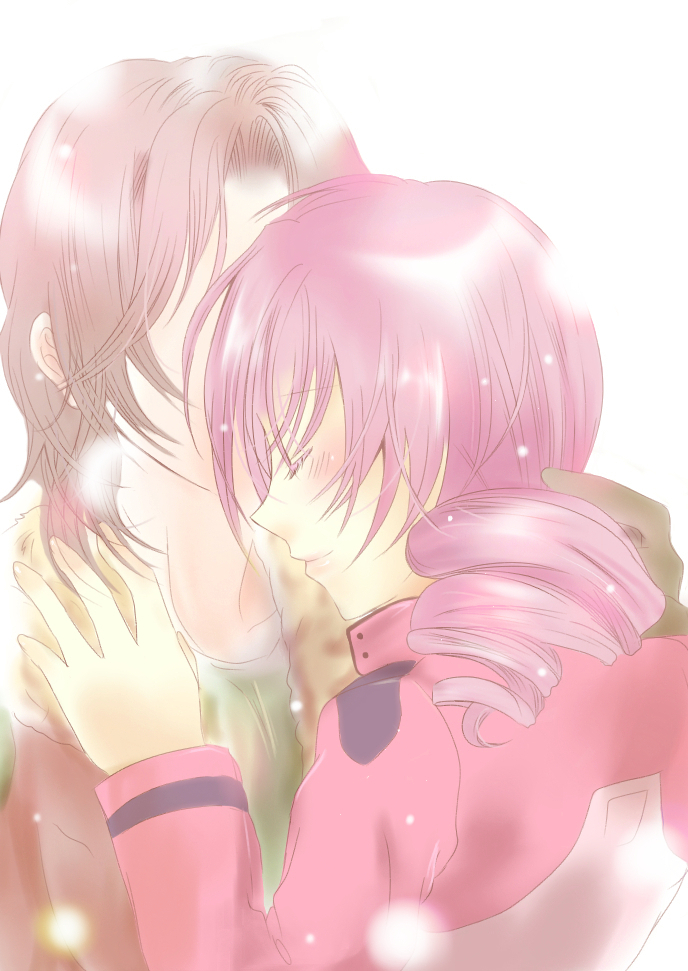 blush, couple, feldt_grace, gundam, gundam_00, lockon_stratos, pink_hair, rinko