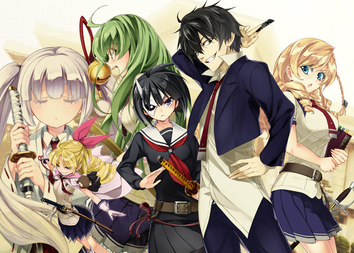1boy, 5girls, ahoge, aqua_eyes, arms_at_sides, bangs, bell, belt