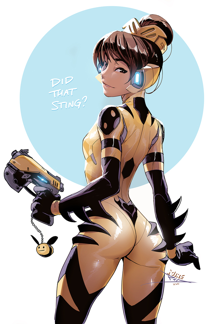 1girl, alternate_costume, alternate_hairstyle, artist_name, ass, b.va_(overwatch), bodysuit, breasts, brown_eyes, brown_hair, charm_(object), cowboy_shot, d.va_(overwatch), english, finger_on_trigger, from_behind, gun, hair_bun, handgun, headphones, high_collar, holding, holding_gun, holding_weapon, looking_at_viewer, looking_back, mike_nesbitt, overwatch, parted_lips, pilot_suit, pistol, short_hair, signature, simple_background, skin_tight, small_breasts, smile, solo, weapon, white_background, yellow_bodysuit