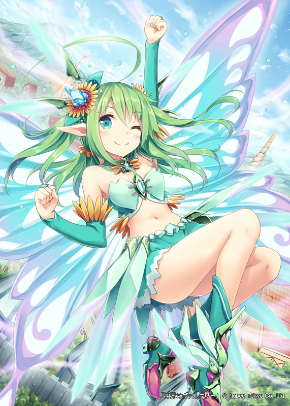 1girl, ;), ahoge, akkijin, aqua_eyes, aqua_skirt, arm_up, armor