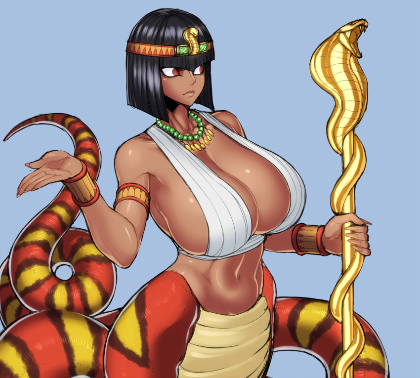 1girl, armlet, baseran_(maka_maka), black_hair, bob_cut, bottomless, breasts, closed_mouth, commentary_request, dark_skin, egyptian, expressionless, fingernails, highres, huge_breasts, jewelry, lamia, lips, maka_maka, monster_girl, red_eyes, scepter, sharp_fingernails, short_hair, solo, space_jin, tail, tiara, uraeus