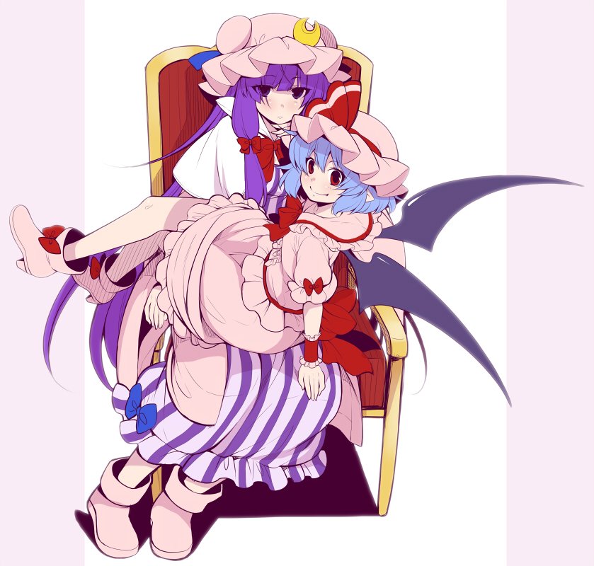 2girls, ankle_boots, arm_garter, bangs, bat_wings, blue_hair, blunt_bangs, blush, boots, bow, bowtie, capelet, center_frills, closed_mouth, commentary_request, crescent, crescent_moon_pin, dress, eichi_yuu, expressionless, eyebrows_visible_through_hair, eyes_visible_through_hair, fang_out, frilled_dress, frilled_sleeves, frills, full_body, girl_on_top, hair_bow, hair_over_one_eye, hat, hat_ribbon, high_heel_boots, high_heels, legs_crossed, looking_at_viewer, looking_to_the_side, mob_cap, multiple_girls, no_socks, patchouli_knowledge, pink_dress, pink_hat, pointy_ears, puffy_short_sleeves, puffy_sleeves, purple_hair, red_bow, red_bowtie, red_eyes, red_ribbon, remilia_scarlet, ribbon, short_hair, short_sleeves, sitting, sitting_on_person, smile, striped, tareme, throne, touhou, tsurime, two-tone_background, vertical-striped_dress, vertical_stripes, violet_eyes, wings, yuri