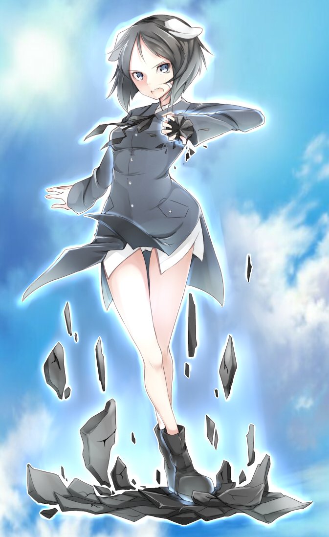 1girl, amai_nekuta, animal_ears, bandaid, bandaid_on_face, bangs, black_boots, black_hair, black_ribbon, blue_eyes, blue_jacket, boots, brave_witches, cosplay, dog_ears, floating, full_body, gertrud_barkhorn, gertrud_barkhorn_(cosplay), holding, jacket, kanno_naoe, long_sleeves, looking_at_viewer, no_pants, open_mouth, panties, pantyshot, pantyshot_(standing), ribbon, rock, rubble, short_hair, solo, standing, strike_witches, thigh_gap, underwear, white_panties, wind, wind_lift, world_witches_series