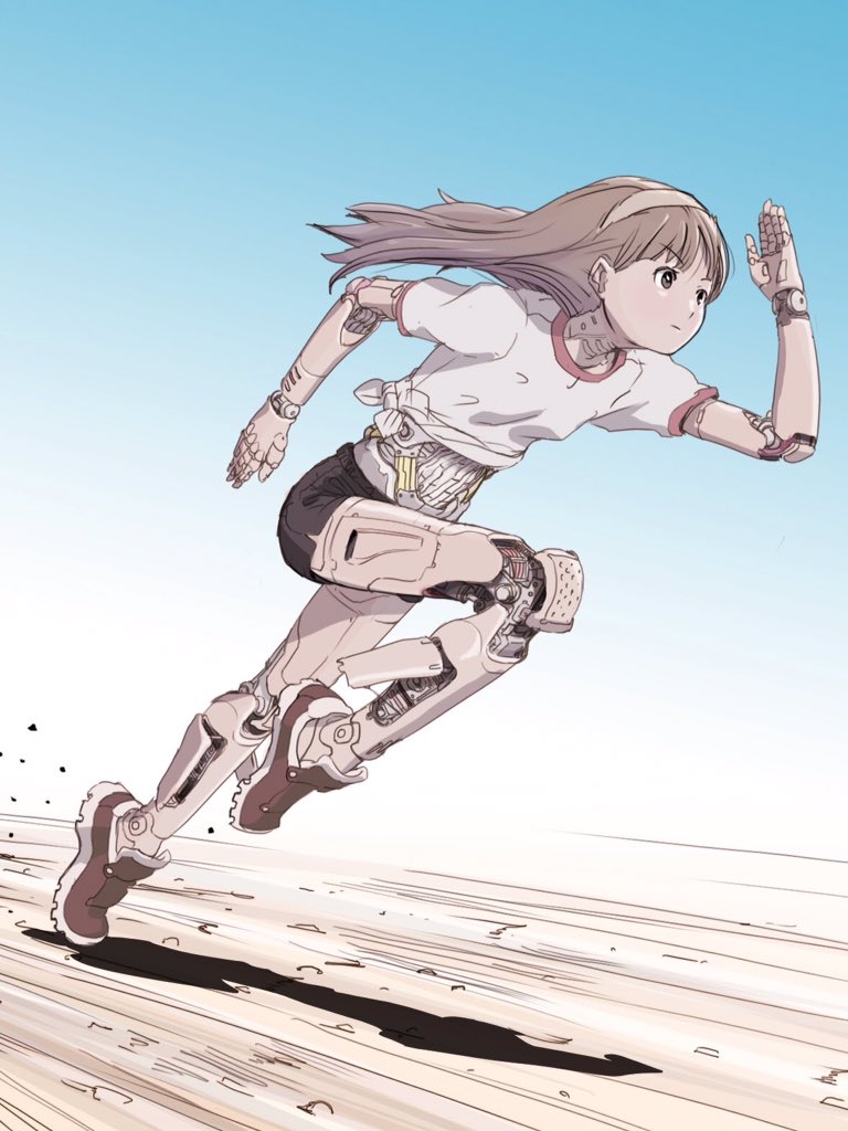 1girl, android, day, gym_shirt, headband, mechanical_parts, original, outdoors