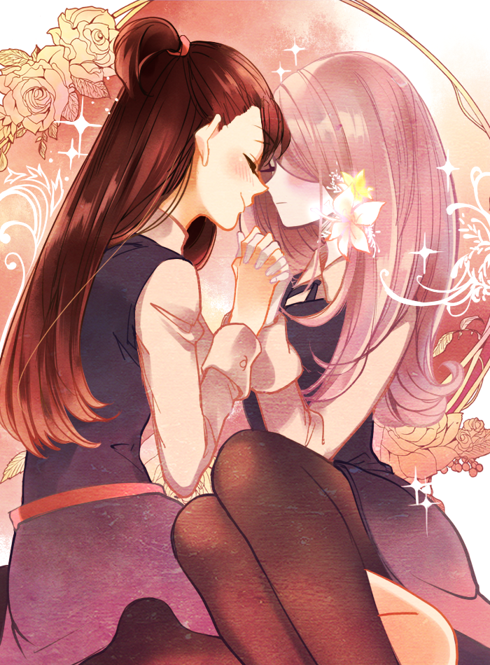 2girls, blush, brown_hair, closed_eyes, dress, face-to-face, flower, hair_flower