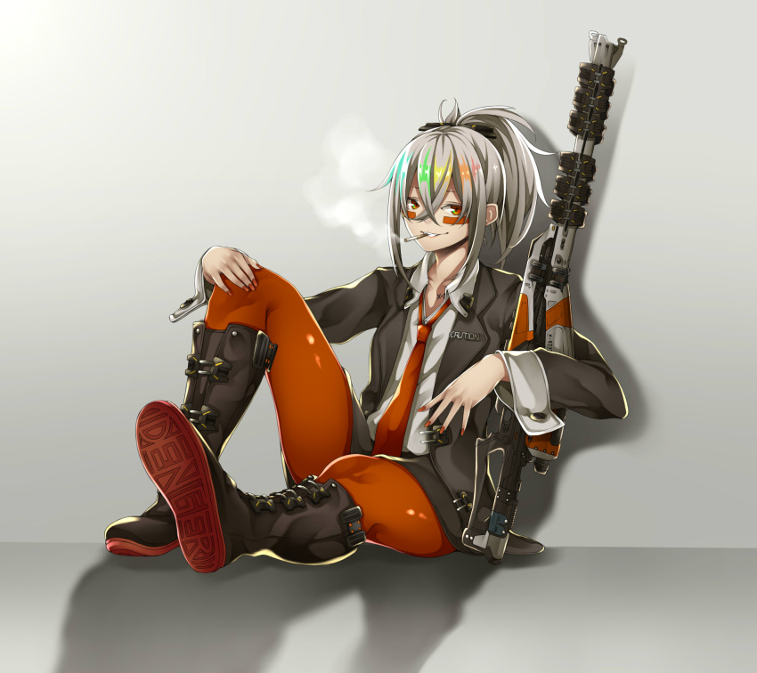 1girl, androgynous, bangs, black_boots, black_jacket, blonde_hair, blue_eyes, blue_hair, boots, cigarette, collarbone, destiny_(game), e_draw_paint, facepaint, full_body, green_eyes, green_hair, grey_background, gun, hair_between_eyes, hand_on_own_knee, hand_up, highres, holding, holding_gun, holding_weapon, icebreaker_(destiny), jacket, knee_boots, knee_up, leggings, long_sleeves, looking_at_viewer, loose_necktie, mouth_hold, multicolored, multicolored_eyes, multicolored_hair, nail_polish, necktie, open_clothes, open_jacket, orange_eyes, orange_hair, orange_legwear, orange_nails, orange_necktie, personification, ponytail, red_eyes, redhead, rifle, shadow, shiny, shiny_clothes, shiny_hair, shirt, short_ponytail, silver_hair, sitting, smile, smoke, smoking, sniper_rifle, solo, suit_jacket, tattoo, unbuttoned, unbuttoned_shirt, weapon, white_shirt, yellow_eyes