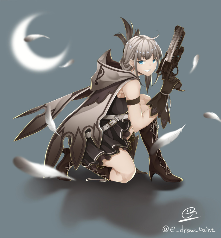 1girl, boots, cloak, cross-laced_footwear, destiny_(game), e_draw_paint, earrings, gun