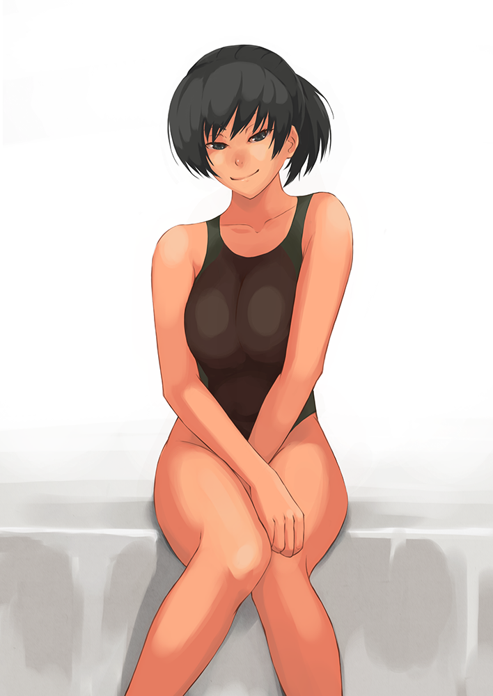 1girl, amagami, black_eyes, black_hair, black_swimsuit, competition_swimsuit, looking_at_viewer, one-piece_swimsuit