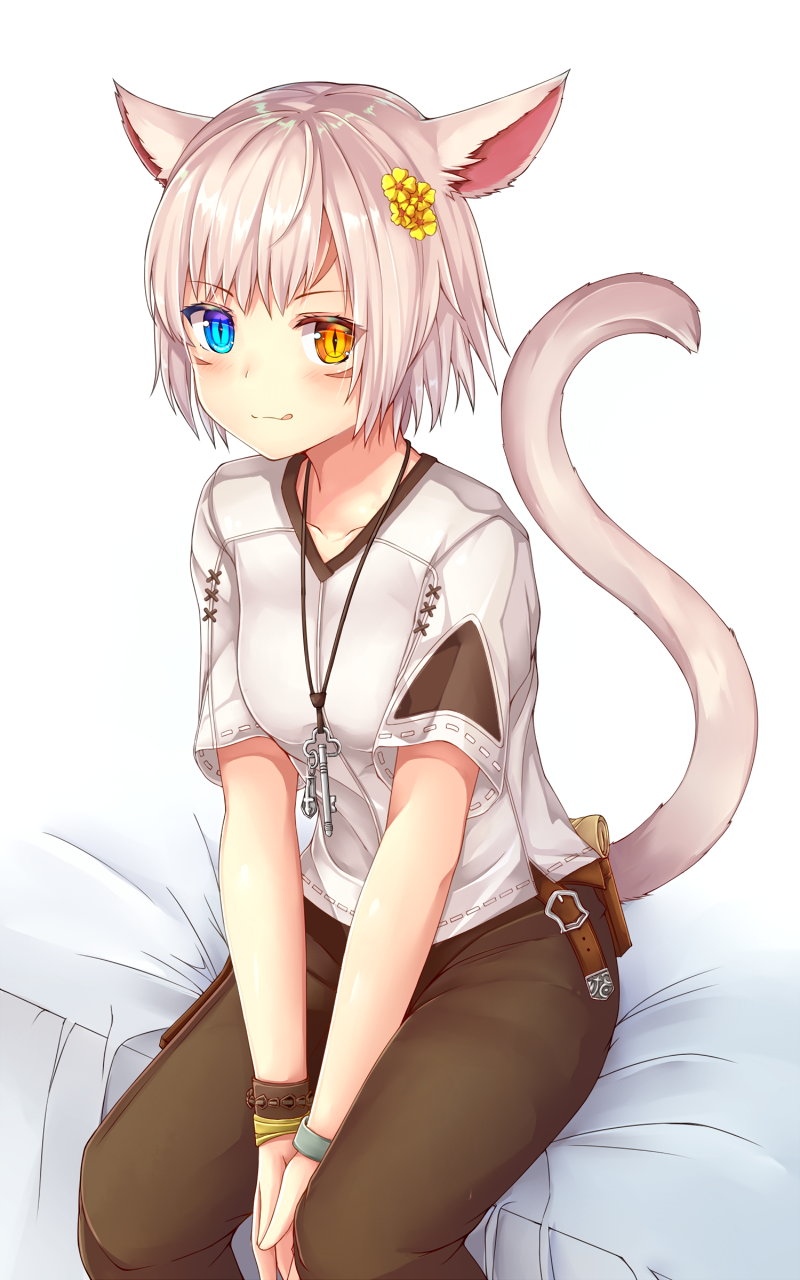1boy, :p, animal_ears, blue_eyes, cat_ears, cat_tail, cosplay, facial_mark, final_fantasy, final_fantasy_xiv, heterochromia, highres, kida_kuro_mu, looking_at_viewer, miqo'te, miqo'te_(cosplay), original, shiro_(kida_kuro_mu), short_hair, simple_background, sitting, slit_pupils, solo, tail, tongue, tongue_out, trap, white_hair, yellow_eyes