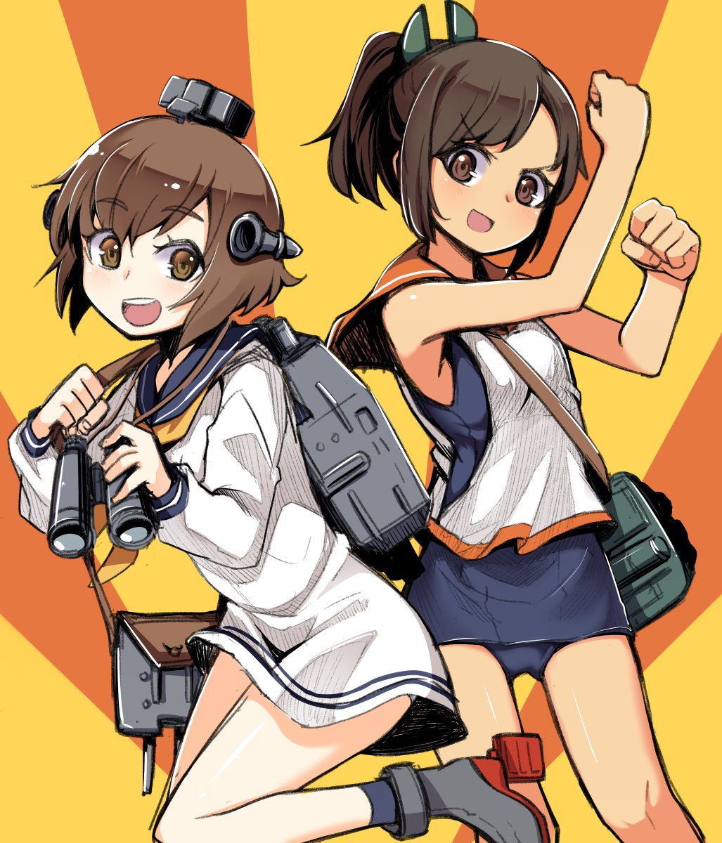 2girls, binoculars, brown_eyes, brown_hair, dress, headgear, highres, i-401_(kantai_collection)
