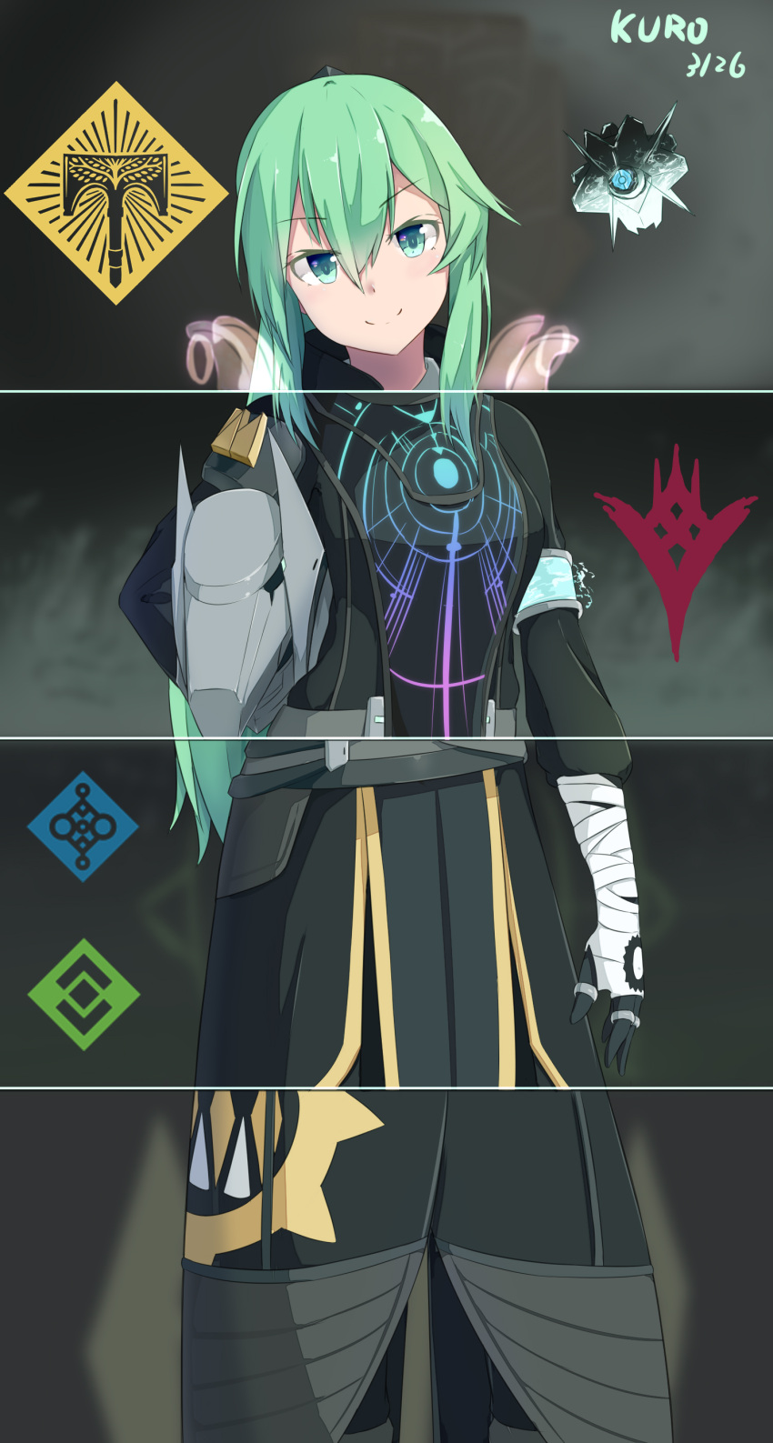 1girl, absurdres, aqua_eyes, arm_at_side, armband, armor, artist_name, bandaged_arm