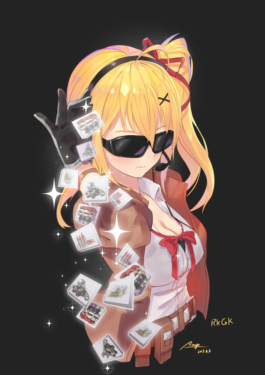 1girl, ahoge, blonde_hair, breasts, cleavage, dated, girls_frontline, gloves