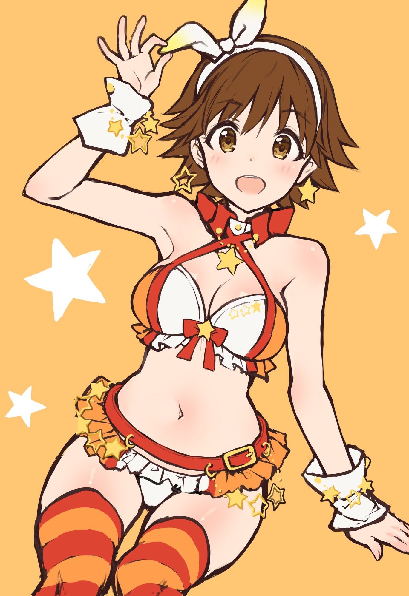 1girl, arm_support, bare_shoulders, belt, blush, bow, bracelet, breasts