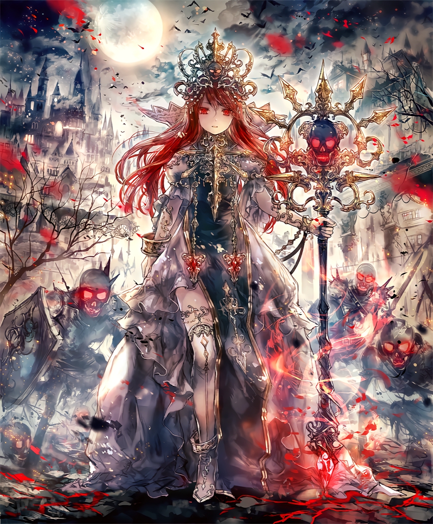 1girl, anklet, armor, army, artist_request, bat, boots, bracelet, city, clock, clock_tower, collar, cracked_floor, crown, dress, frills, glowing, glowing_eyes, gold_trim, horns, house, jewelry, lamppost, moon, necropolis_queen, night, official_art, puffy_sleeves, red_eyes, redhead, shadowverse, shield, skeleton, skull, staff, swarm, sword, thigh-highs, thigh_boots, tower, tree, weapon