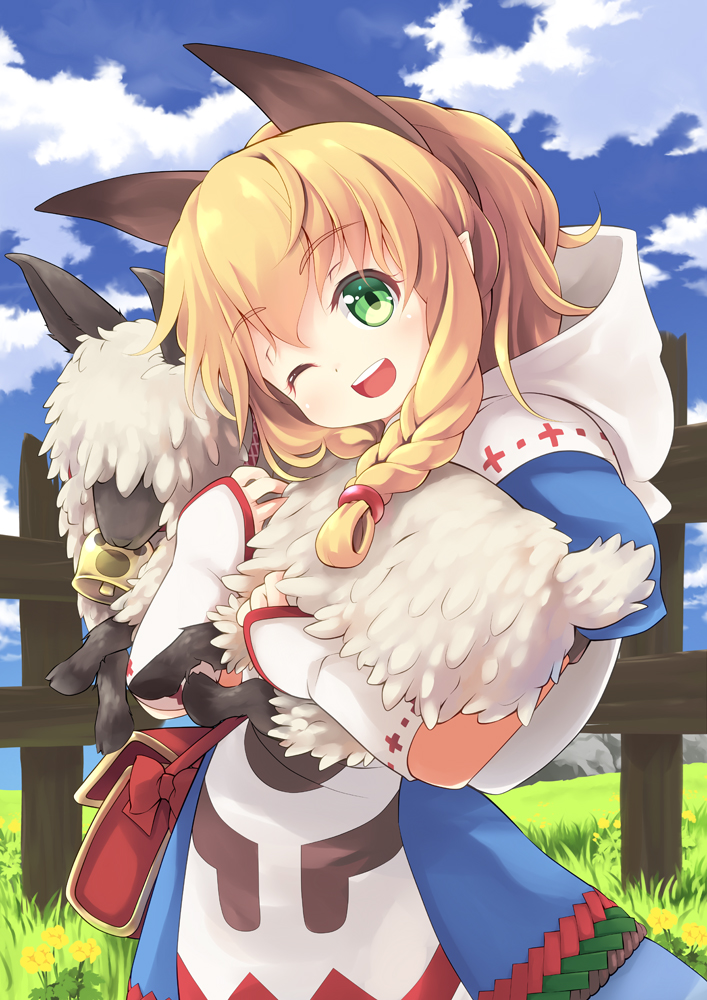 animal, animal_ears, bag, bell, blonde_hair, blue_dress, blush, braid