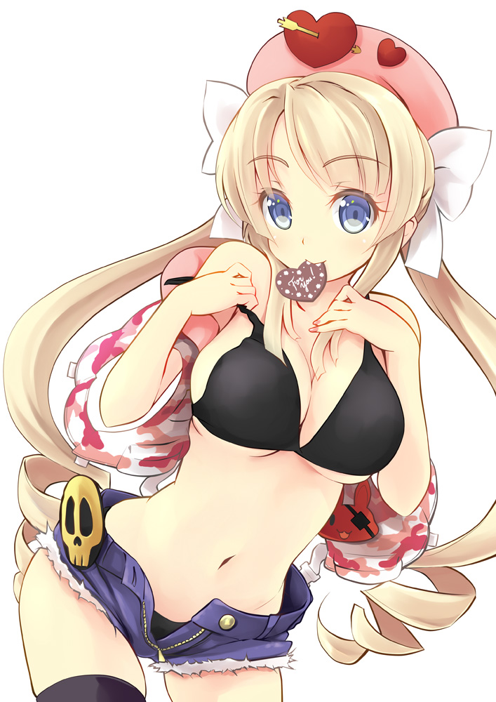 1girl, black_bikini_bottom, black_bikini_top, blonde_hair, blue_eyes, blush, breasts, chocolate, chocolate_heart, cleavage, commentary_request, drill_hair, eyebrows_visible_through_hair, hat, heart, heart_shape, heavy_object, kdc_(koineko), large_breasts, long_hair, looking_at_viewer, monica_(heavy_object), mouth_hold, nail_polish, navel, ribbon, short_shorts, shorts, simple_background, solo, twin_drills, twintails, valentine, white_background