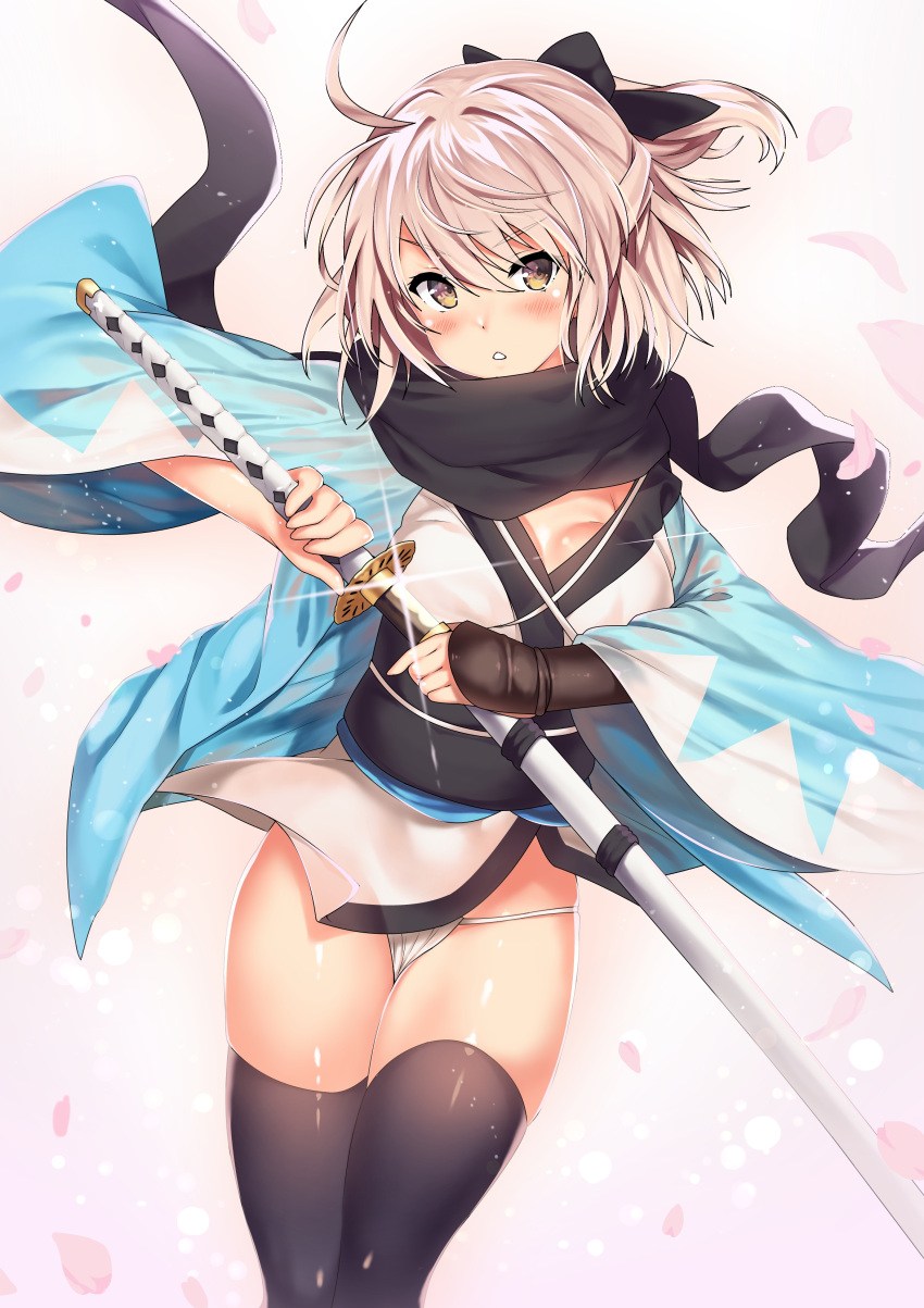 >:o, 1girl, :o, absurdres, ahoge, armor, bangs, black_bow, black_legwear, black_scarf, blush, bow, breasts, brown_eyes, cleavage, cowboy_shot, fate_(series), fundoshi, glint, hair_bow, highres, holding, holding_sword, holding_weapon, japanese_armor, japanese_clothes, katana, kawai_(purplrpouni), kimono, koha-ace, kote, long_sleeves, looking_at_viewer, medium_breasts, obi, panties, petals, pink_hair, ponytail, rokushaku_fundoshi, sakura_saber, sash, scarf, sheath, shinsengumi, short_hair, short_kimono, solo, sword, thigh-highs, triangle_mouth, underwear, unsheathing, weapon, white_panties, wide_sleeves