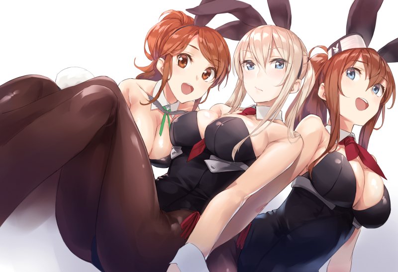 3girls, animal_ears, aquila_(kantai_collection), bare_arms, bare_shoulders, black_legwear, blonde_hair, blue_eyes