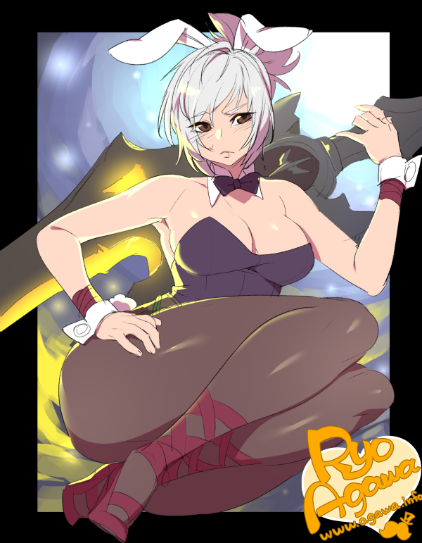 1girl, agawa_ryou, alternate_costume, animal_ears, bare_shoulders, battle_bunny_riven, breasts, brown_eyes