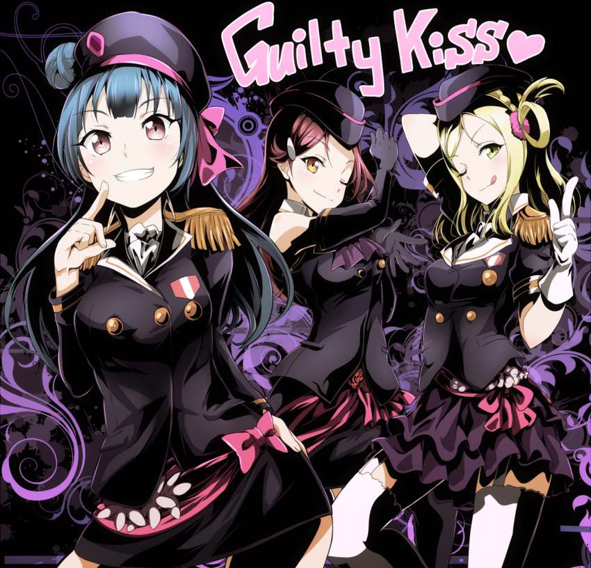 3girls, ;q, a-rise, alternate_costume, beret, blonde_hair, blue_hair, braid