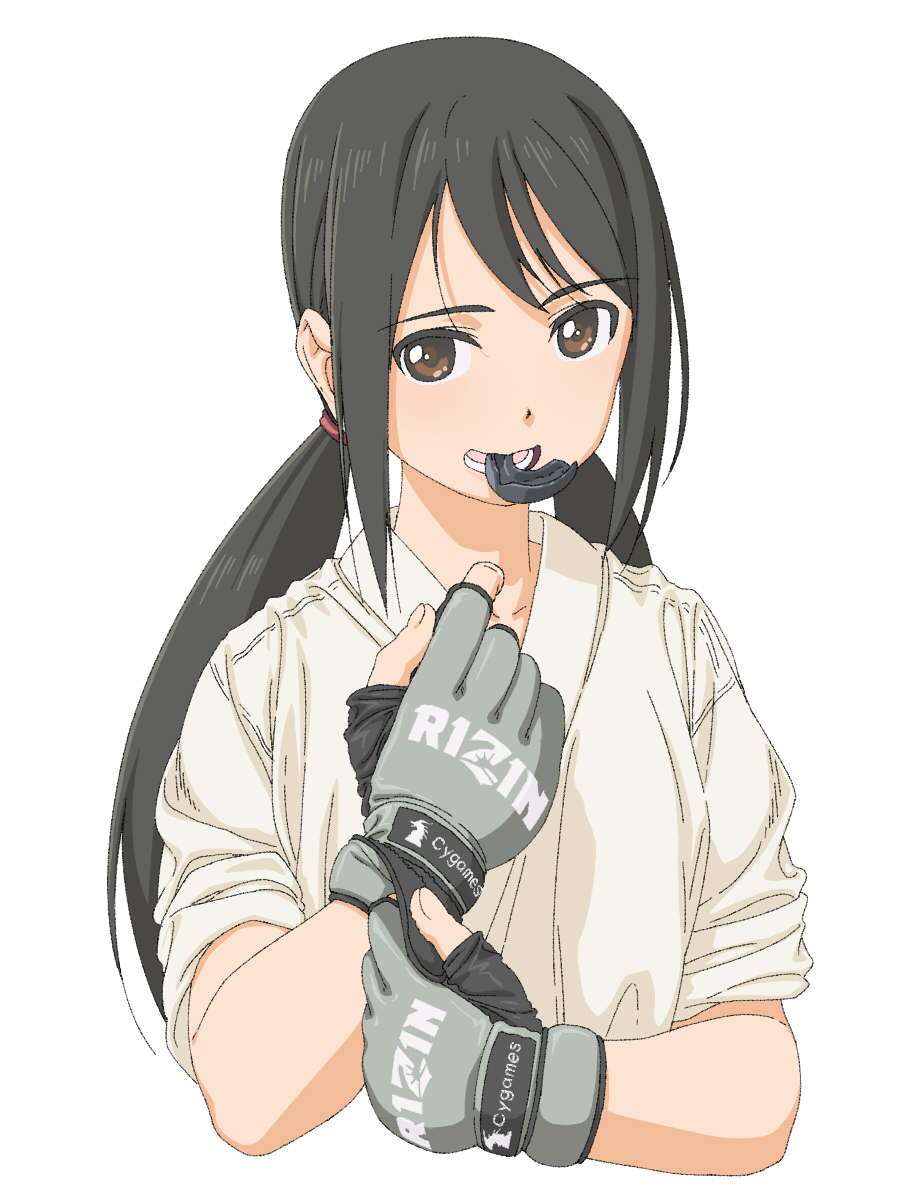1girl, black_hair, boko_(maniacpurple), brown_eyes, cygames, dougi, fingerless_gloves, gloves