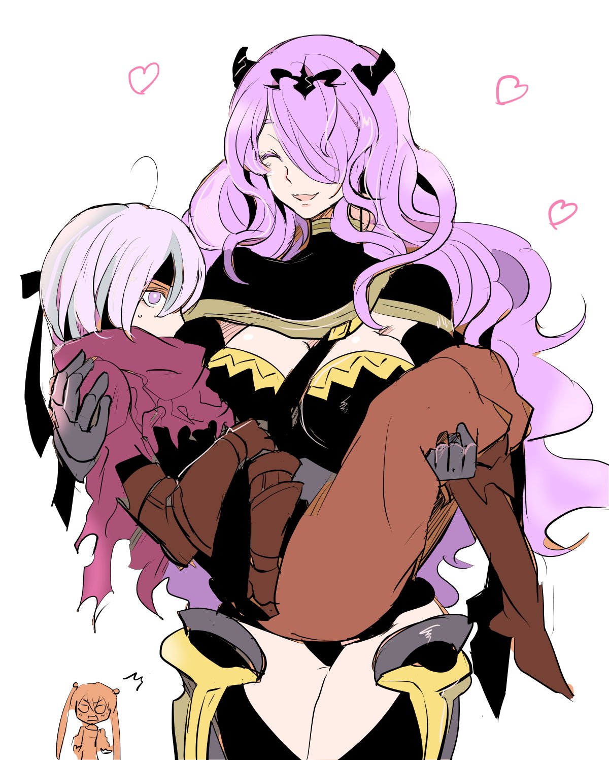 2girls, ahoge, armor, berka_(fire_emblem_if), black_armor, black_panties, boots, breasts, camilla_(fire_emblem_if), capelet, carrying, cleavage, closed_eyes, expressionless, fire_emblem, fire_emblem_if, hair_over_one_eye, highres, knee_boots, large_breasts, long_hair, luna_(fire_emblem_if), multiple_girls, open_mouth, panties, princess_carry, simple_background, smile, thigh-highs, thigh_boots, thighs, torisudesu, underwear