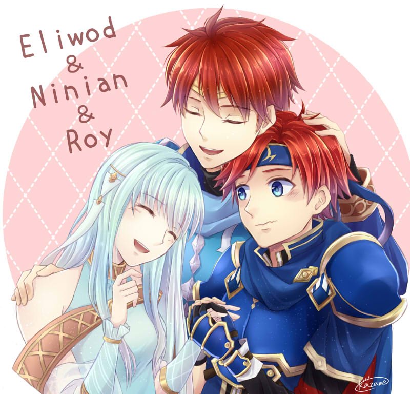 1girl, 2boys, :d, armor, bare_shoulders, blue_eyes, blue_hair, blush, character_name, circlet, closed_eyes, closed_mouth, collar, couple, detached_sleeves, dress, eliwood, eliwood_(fire_emblem), embarrassed, family, father_and_son, fingerless_gauntlets, fire_emblem, fire_emblem:_fuuin_no_tsurugi, fire_emblem:_rekka_no_ken, fire_emblem_heroes, gauntlets, hair_ornament, hand_holding, hand_on_another's_shoulder, happy, headband, hetero, highres, hug, husband_and_wife, light_blue_hair, long_hair, looking_at_another, mother_and_son, multiple_boys, ninian, nintendo, open_mouth, pauldrons, redhead, round_teeth, roy_(fire_emblem), short_hair, smile, strapless, strapless_dress, teeth, tiara, time_paradox, upper_body, very_long_hair