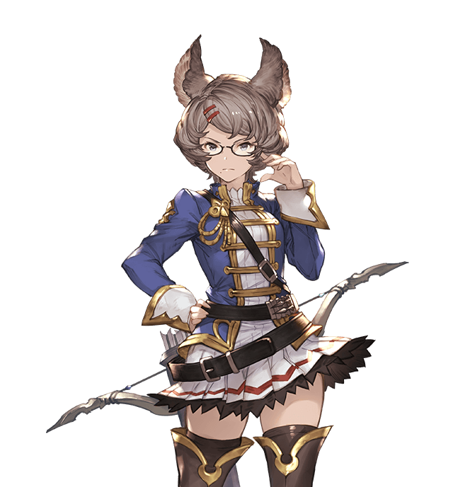 1girl, adjusting_glasses, animal_ears, bag, bangs, belt, bow_(weapon), breasts