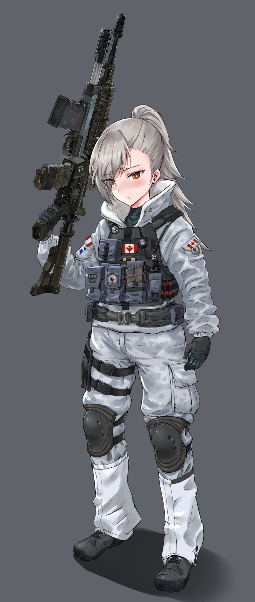 1girl, absurdres, belt, buck_(rainbow_six_siege), camouflage, canadian_flag, closers, cosplay
