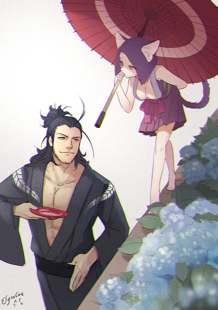 1boy, 1girl, adapted_costume, animal_ears, balancing, barefoot, black_hair, breasts
