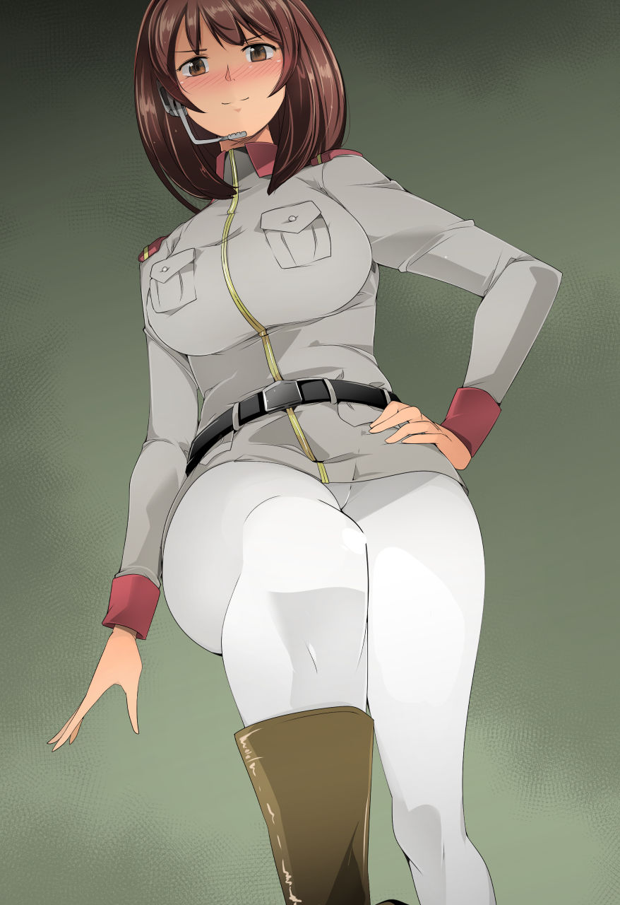 >:), 1girl, belt, blush, breast_pocket, breasts, brown_eyes, brown_hair, closed_mouth, from_below, grey_shirt, gundam, gundam_lost_war_chronicles, hand_on_hip, headset, highres, large_breasts, leg_up, long_sleeves, looking_at_viewer, looking_away, military, military_uniform, mobile_suit_gundam, noel_anderson, nose_blush, pantyhose, pocket, shirt, solo, uniform, white_legwear, zinger_(excess_m)